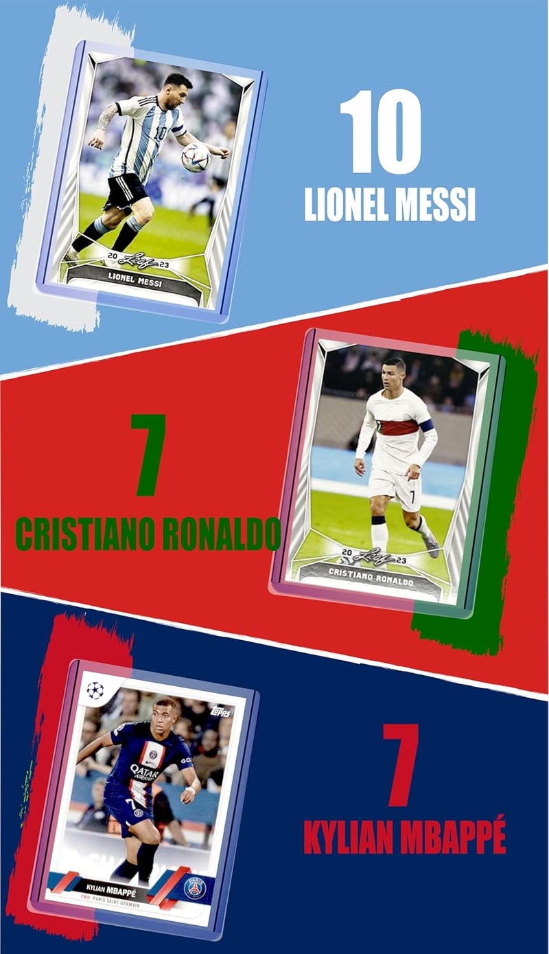 Chaser Soccer Cards: Lionel Messi, Cristiano Ronaldo, Kylian Mbappe, Robert Lewandowski, Erling Haaland, Neymar Jr., Pelé, Karim Benzema, Kevin de Bruyne (9) Assorted Top Star Soccer Cards &/or Sticker Card Gift Pack - Image 2